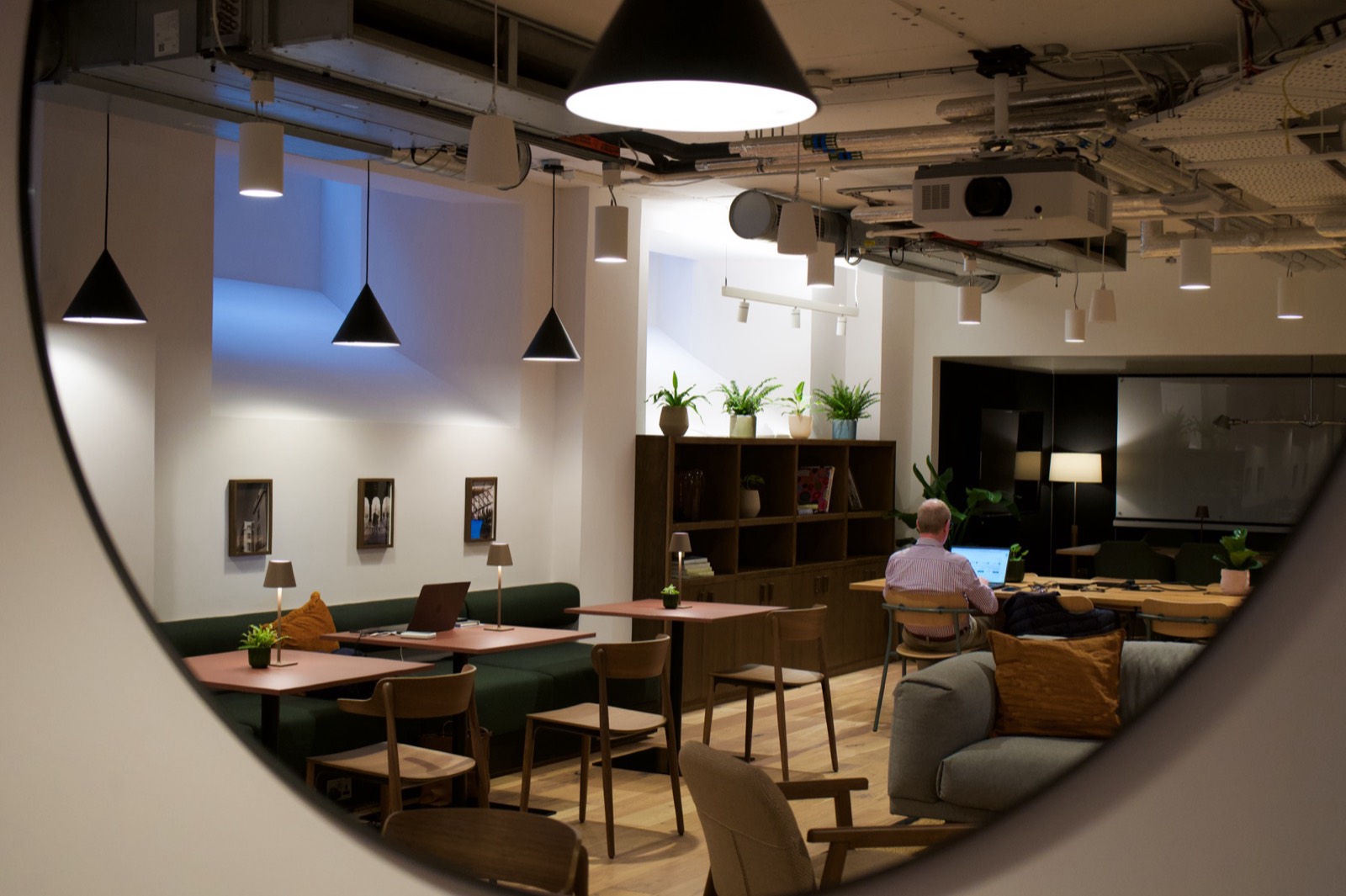 Relaxed coworking lounge at Juntos with sofas, plants and members working on laptops